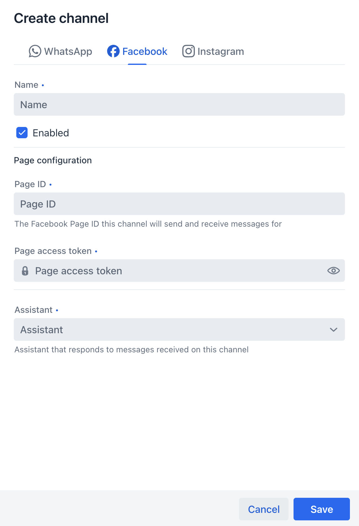 Facebook channel creation form