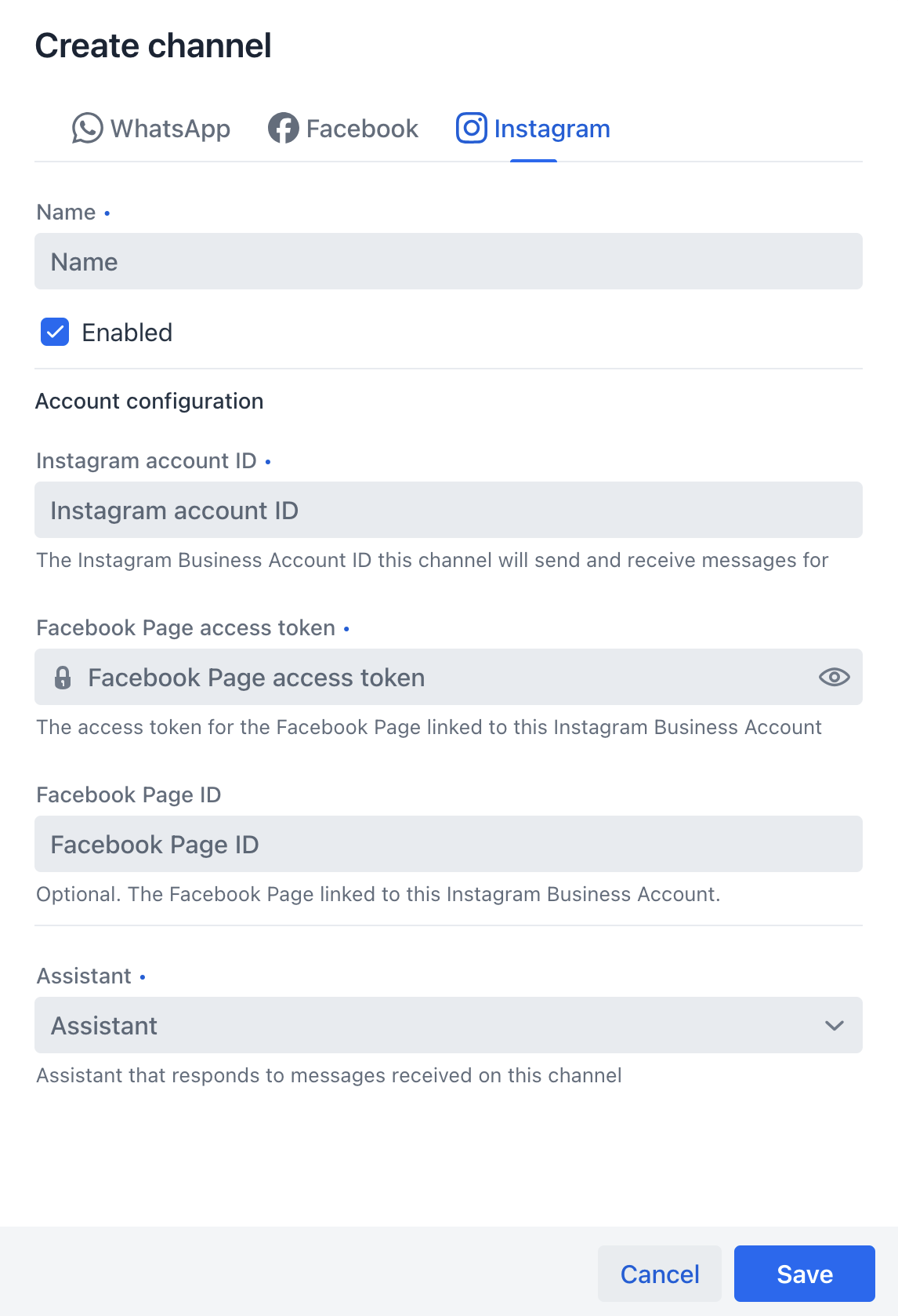 Instagram channel creation form