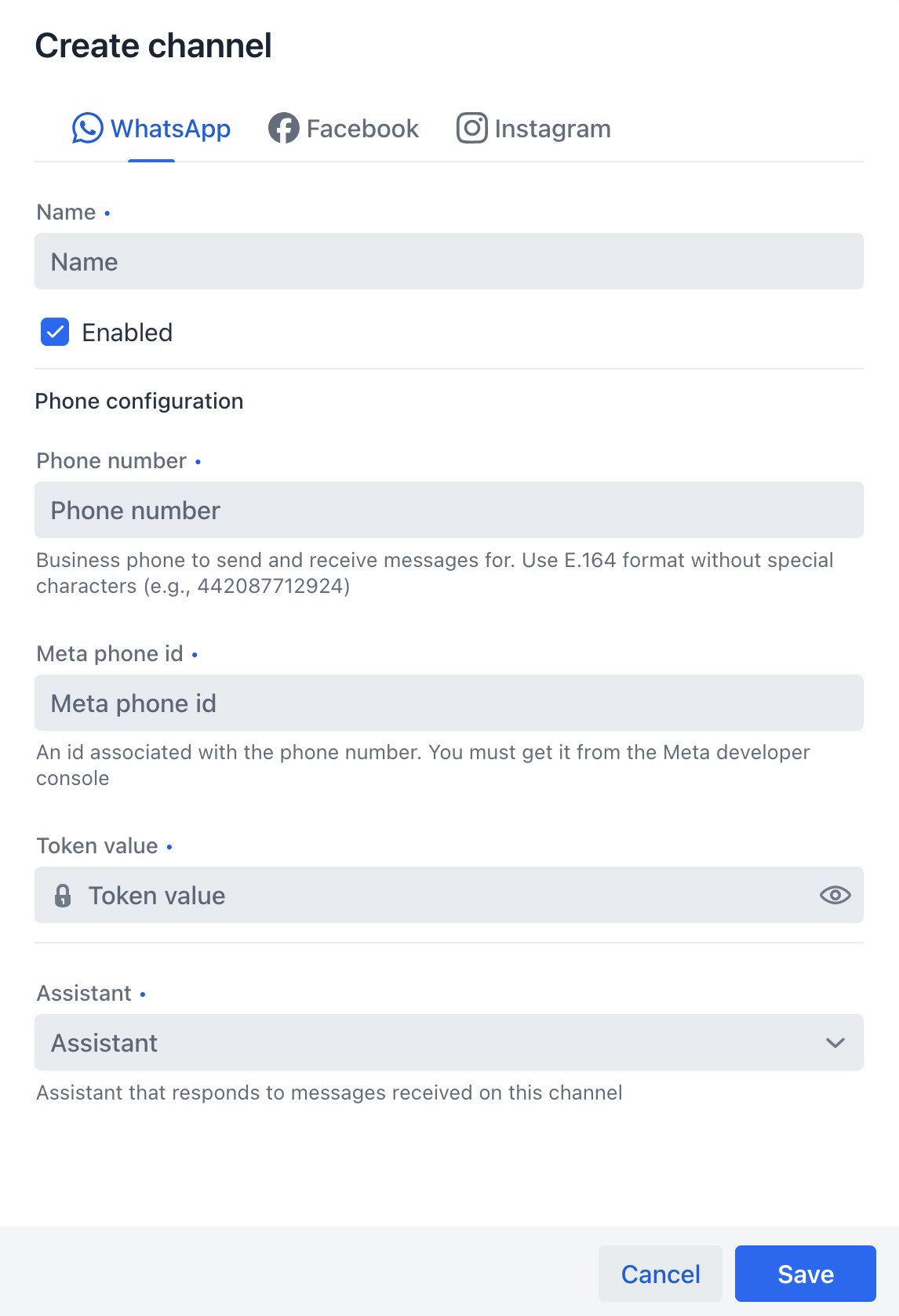 WhatsApp channel creation form