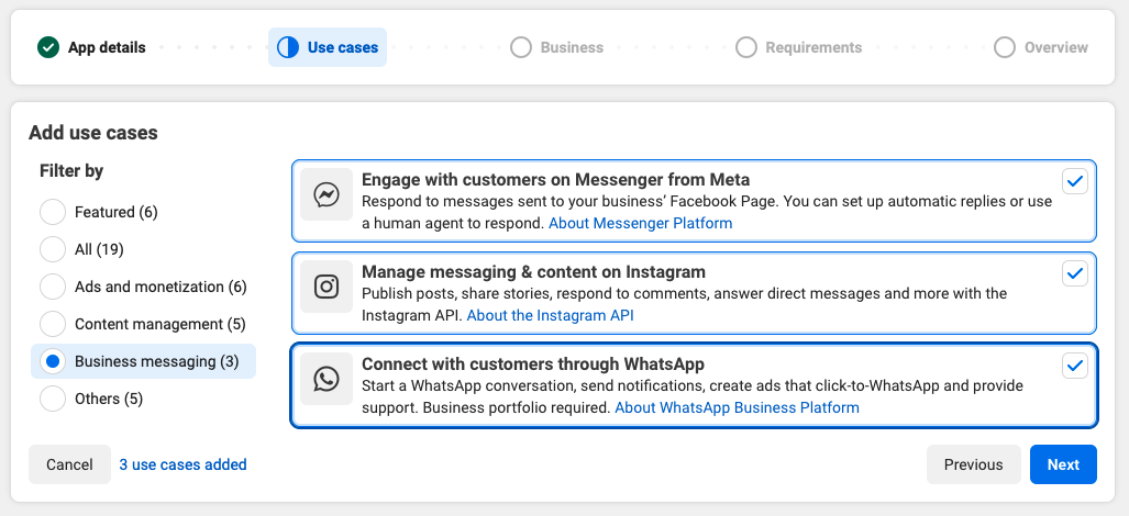 Use case selection during app creation, filtered by Business messaging