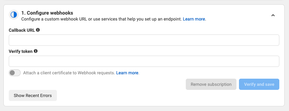 Configure webhooks form with Callback URL and Verify token fields