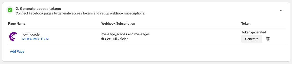 Connected Page row with the messages and message_echoes fields subscribed