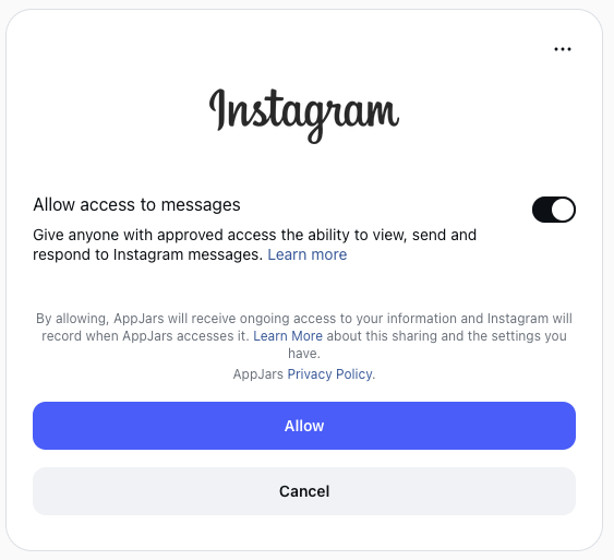 Instagram login prompt asking to allow access to messages