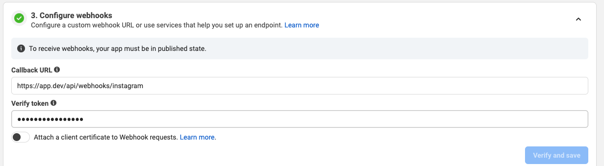 Instagram Configure webhooks step with the callback URL and verify token validated