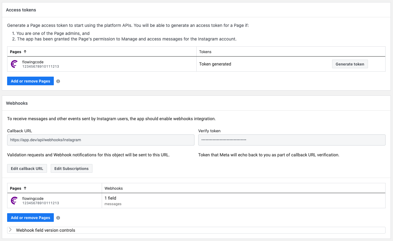 Access tokens and Webhooks sections in the Instagram settings of the Messenger use case, with the messages field subscribed