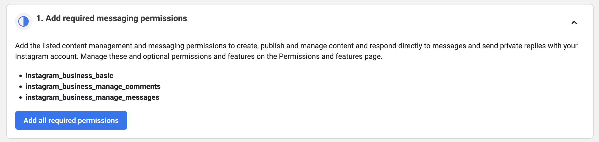 Add required messaging permissions step with the Add all required permissions button