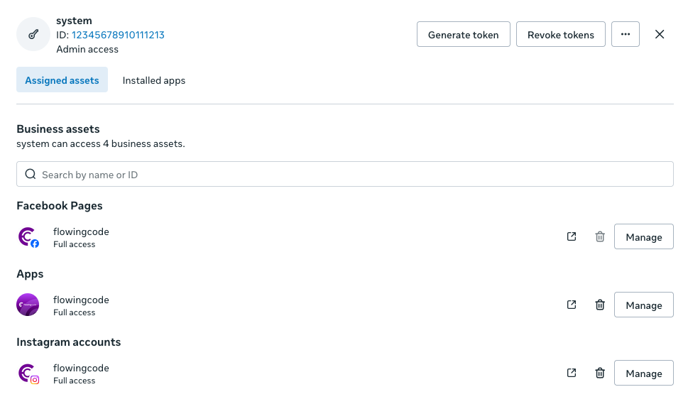 System user with the App, Pages and Instagram accounts assigned