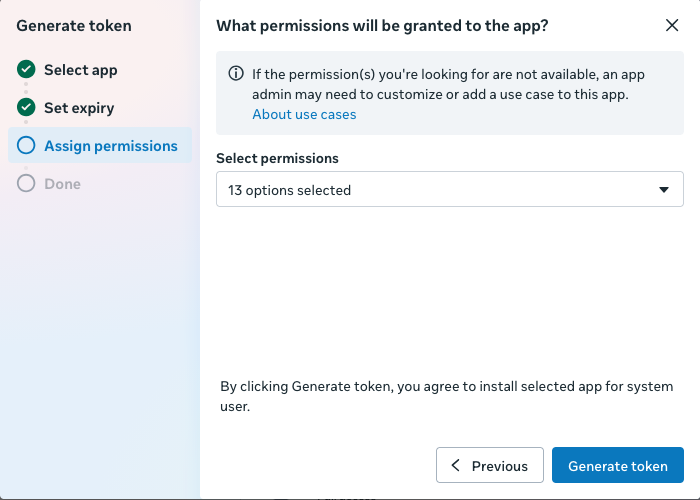 Generate token dialog on the Assign permissions step