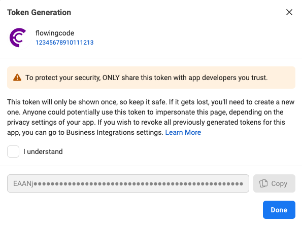 Token generation dialog — the token is shown a single time