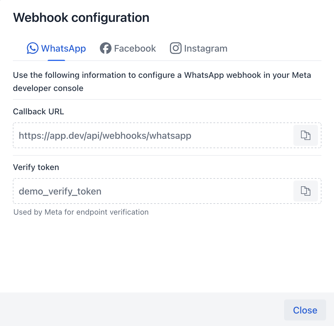 Webhook configuration dialog showing the Callback URL and Verify token per platform