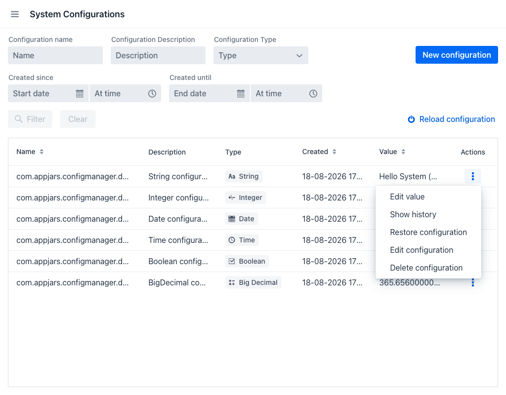System Configuration row actions