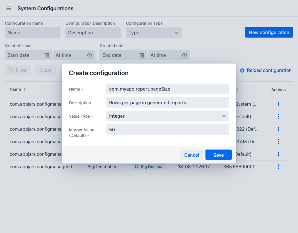 Create configuration dialog
