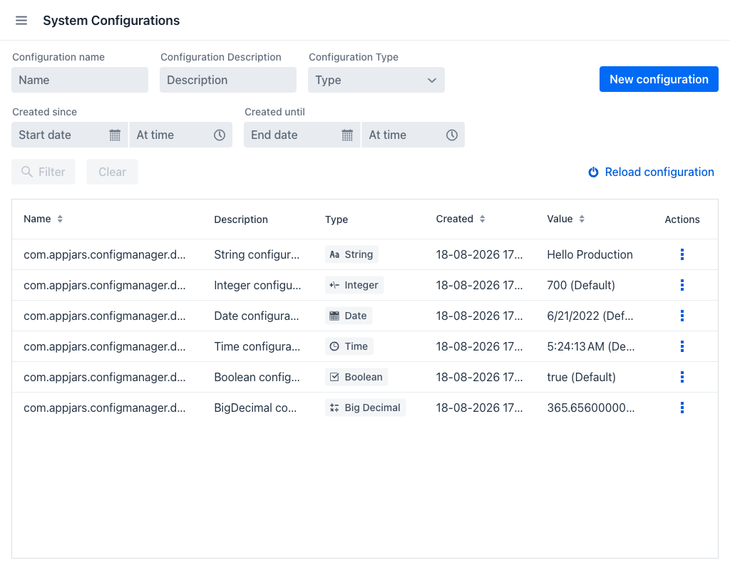 System Configurations list