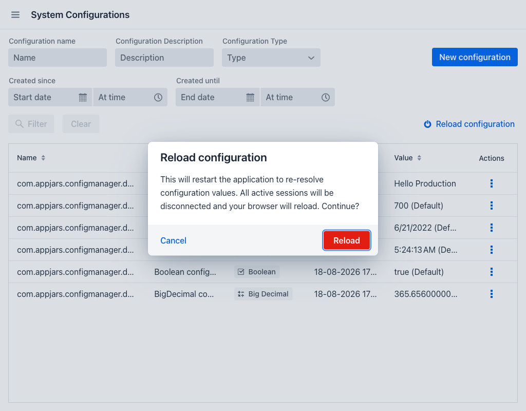 Reload configuration confirmation