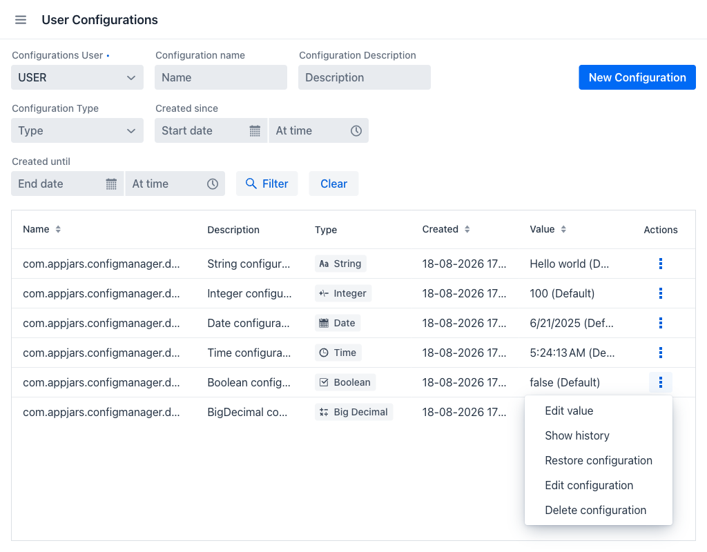 User Configuration row actions
