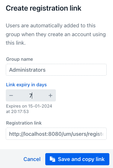 Create Registration Link Dialog